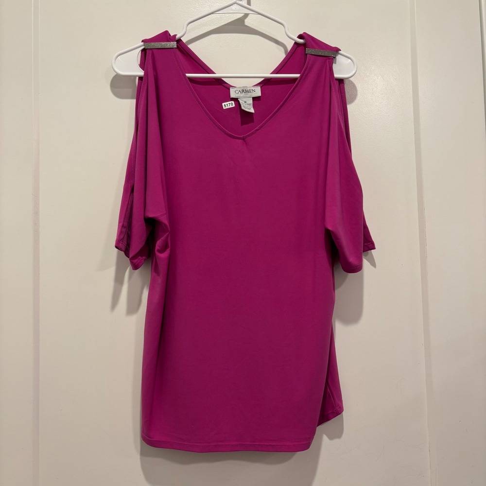 Carmen Marc Valvo Magenta Pink Cold Shoulder V-Neck Top Metallic Trim Medium